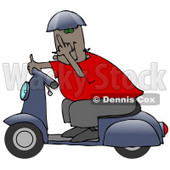 Rude Black Man Wearing A Blue Helmet, Red Shirt And Brown Pants, Riding Past On A Blue Scooter And Flipping The Viewer Off Clipart Illustration © djart #17641