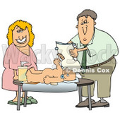 Clipart Illustration of a Grossed Out Father Changing a Baby Diaper While His Wife Laughs © djart #17647