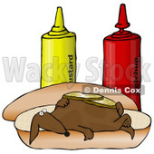 Clipart Illustration of a Funny Wiener Dog Topped With Pickle Slices, Lying On His Back On A Hot Dog Bun Beside Ketchup And Mustard Bottles © djart #17649