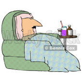 Clipart Illustration of an Ill Bald Middle Aged Caucasian Man Resting His Head Against A Pillow And Lying Under A Blanket In A Green Chair With Medicine On A Table Beside Him © djart #17671