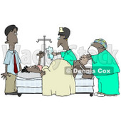 Clipart Illustration of a Terrified African American Man Standing Near His Wife in a Hospital Bed While She Gives Birth With the Assitance of a Gynecologist Doctor and Nurse © djart #17692