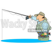 Middle Aged Cuacasian Man Wearing A Hat And Vest, Wading In Water, Holding A Fish And Fishing Clipart Illustration © djart #17742
