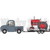 Cartoon Farmer Hauling a Red Tractor on a Trailer © djart #1782374