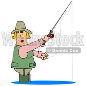 Clipart Illustration of a Blond White Lady Wading in Water and Fishing © djart #18278