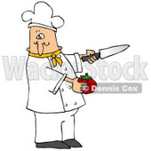Clipart Illustration of a White Male Chef in a Green Collared Chefs Jacket and White Hat, Preparing to Slice a Tomato While Cooking in a Kitchen © djart #18310