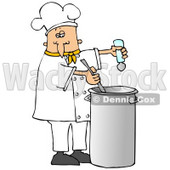Clipart Illustration of a White Male Chef In A Yellow Collared Chefs Jacket And White Chef Hat, Seasoning Soup With A Salt Shaker And Stirring It While Cooking In A Kitchen © djart #18312