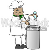 Clipart Illustration of a French or Hispanic Male Chef In A Green Collared Chefs Jacket And White Chef Hat, Seasoning Soup With A Salt Shaker And Stirring It While Cooking In A Kitchen © djart #18313
