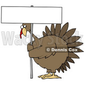 Clipart Illustration of a Plump Brown Turkey Bird On A Farm, Looking Nervously Around The Pole Of A Blank Sign That He's Holding © djart #18850