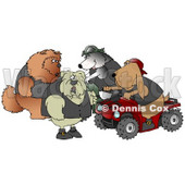 Clip Art Graphic of a Border Collie Wearing A Vest And Driving A Green Atv Beside A Bloodhound On A Red Quad, Chatting With A Tough Bulldog And Chow Chow © djart #18851