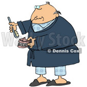 Clipart Illustration of an Old Balding White Man In Blue Pjs And A Robe, Putting Glue On Or Brushing His False Teeth And Dentures © djart #18854