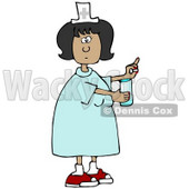 Clipart Illustration of a Female Latina Nurse In A Blue Dress, Holding A Glass Of Water And A Pill For A Patient In A Hospital © djart #18857