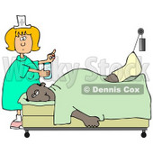 Clipart Illustration of a Female Caucasian Nurse In A Green Dress, Holding A Glass Of Water And A Pill For An Injured African American Patient With His Foot Up In A Traction © djart #18858