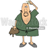 Clipart Illustration of a Caucasian Man Wearing A Green Robe And Slippers, Applying Hairpiece Glue On Top Of His Bald Head To Make His Toupee Stay © djart #18923