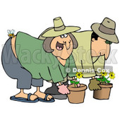 Clipart Illustration of a Caucasian Woman Gardening With Her Husband, Getting Stung On The Butt By A Bee © djart #18927