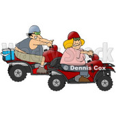 Clipart Illustration of an Adventurous White Couple, A Man And A Blond Woman, Riding On Red ATVs © djart #18941