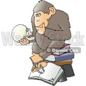 Clipart Illustration of a Chimp In Thought, Sitting On Top Of A Stack Of Books And Staring At A Skull, A Parody Of Hugo Rheinhold's "Philosophizing Ape" Sculpture That Was Created In 1892 © djart #19369