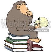 Clipart Illustration of a Smart Chimpanzee Sitting On Top Of A Stack Of Books And Gazing At A Skull, A Parody Of Hugo Rheinhold's "Philosophizing Ape" Sculpture That Was Created In 1892 © djart #19370