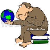 Clipart Illustration Of A Chimp In Thought, Sitting On Top Of A Stack Of Books And Staring At A Globe, Pondering The Universe © djart #19392