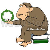 Clipart Illustration Of A Chimpanzee In Thought, Sitting On Top Of A Stack Of Books, Rubbing His Chin And Staring At Green Recycle Arrows © djart #19393