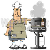 Clipart Illustration of a White Guy Wearing Sandals, An Apron And A White Chefs Hat, Holding A Spatula, Cooking Hamburger Patties On A Gas Grill © djart #19399