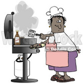 Clipart Illustration of a Black Lady Wearing A White Chefs Hat, Pink Apron, White T Shirt, Purple Shorts And Brown Sandals, Holding A Spatula And Removing Cooked Hamburger Patties From The Gas Grill © djart #19400