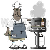 Clipart Illustration of a Black Guy Wearing A Chefs Hat And Apron, Holding A Spatula And Tending To The Barbecue At A Picnic © djart #19402