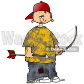 Clipart Illustration of a Little White Boy In A Yellow Shirt And Patched Jeans, Wearing A Red Hat And Holding An Arrow And Bow © djart #19406