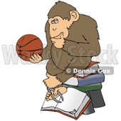 Clipart Illustration of a Chimp In Thought, Rubbing His Chin, Sitting On Top Of A Stack Of Books And Staring At A Basketball © djart #19516
