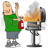 Clipart Illustration of a Cartoon White Man Using A Fire Extinguisher To Put Out Flaming Meat Patties On A Bbq Grill © djart #19523
