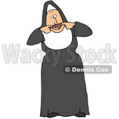 Clipart Illustration of a Playful Nun In Black And White, Using Her Hands To Pry Open Her Mouth As Big As She Can To Make Funny Faces © djart #19528