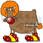 Clipart Illustration of a Goofy Brown Cow Dressed As A Clown, Wearing Big Red And Yellow Shoes, A Red Nose And An Orange Wig © djart #19616