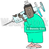 Clipart Illustration of a Black Female Nurse In Scrubs And A Hat, Carrying A Giant Needle And Syringe Over Her Shoulder While Preparing A Vaccine For A Hospital Patient © djart #19700