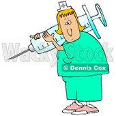 Clipart Illustration of a White Nurse Lady In Scrubs, Carrying A Giant Syringe Over Her Shoulder While Preparing A Vaccine For A Hospital Patient © djart #19701