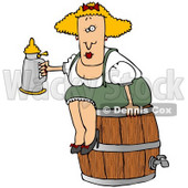 Clipart Illustration of a Tipsy Blond Oktoberfest Woman In Costume, Sitting On A Wooden Beer Keg Barrel And Drinking From A Stein © djart #20828