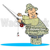 Clipart Illustration of a Happy Man Dressed In Camouflage Gear, Wading In Water And Holding His Fishing Pool While Smiling © djart #20829