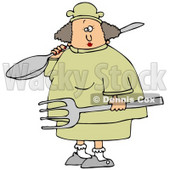 Clipart Illustration of a White Chef Woman In A Yellow Uniform And Chefs Hat, Carrying A Large Spoon And Fork In A Kitchen © djart #21142