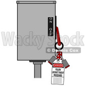 Clipart Illustration of a Red Folding Lockout Scissor Clamp With Two Padlocks On A Machine With A Danger Follow Lockout/tagout Procedures Tag For Energy Control And Safety © djart #22012