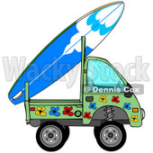 Royalty-Free (RF) Clipart Illustration of a Mini Green Floral Truck With A Surf Board On The Back © djart #223732