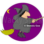 Clipart Illustration of a Chubby Black Haired Warty Female Witch Flying In A Purple Sky On Her Broomstick On Halloween, A Crescent Moon In The Distance © djart #23817