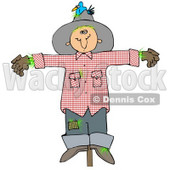 Clipart Illustration of a Depressed Scarecrow On A Post, With A Bluebird Nesting In His Hat © djart #24421