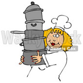 Culinary Clipart Illustration of a Happy Blond Chef Woman In A White Hat And Uniform, Carrying A Large Stack Of Pots © djart #24641