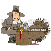Clipart Illustration of a Turkey With Its Head On A Chopping Block, About To Get His Head Cut Off By A Pilgrim Man With An Ax © djart #24992