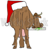 Clipart Illustration of a Brown Dairy Cow With A Santa Hat On Its Butt, Grazing On Grass And Looking Back © djart #25831