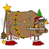 Clipart Illustration of a Brown Dairy Cow Decorated Like A Christmas Tree, Wearing A Santa Hat, Jingle Bells, Baubles, A Star And Slippers © djart #25835