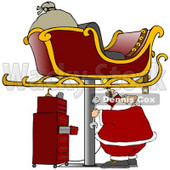 Clipart Illustration of a Sleigh Up On A Jack In A Garage With Santa Repairing It For Christmas Flight © djart #26349