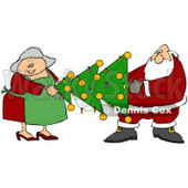 Clipart Illustration of Mrs Claus Helping Santa Carry A Decorated Xmas Tree With Lights And Baubles © djart #26590