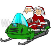 Clipart Illustration of Santa Claus And Mrs Claus Riding A Green Snowmobile Through The Snow At The North Pole © djart #26989