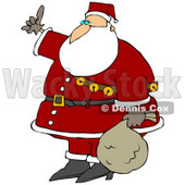 Clipart Illustration of Santa Wearing His Red Suit, A Belt And A Sash Of Jingle Bells, Carrying His Sack Of Toys At His Side And Hitchhiking © djart #27304