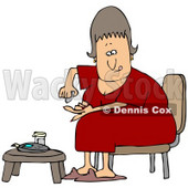 Clipart Illustration of a Diabetic White Woman In A Red Nightgown, Sitting In A Chair At A Table And Pricking Her Finger With A Lancing Device For A Blood Sample © djart #27394