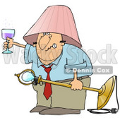 Clipart Illustration of a Snarling Drunk White Man With A Pink Lamp Shade On His Head, Holding A Light Fixture In One Hand And A Glass Of Wine In The Other © djart #27799